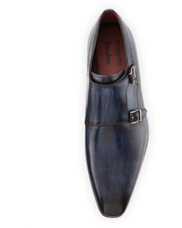 Neiman Marcus Leather Double Monk Shoe Blue