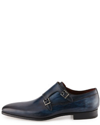 Neiman Marcus Leather Double Monk Shoe Blue