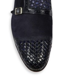 Santoni Woven Leather Suede Monk Strap Shoes
