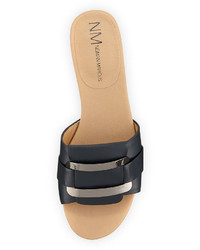 Neiman Marcus Belicia Leather Flat Slide Sandal Blue