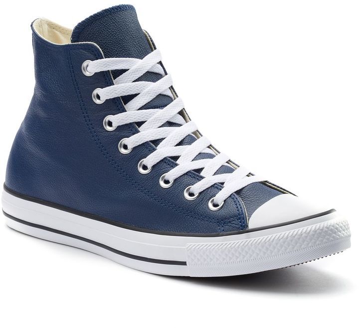 navy blue leather chuck taylors 