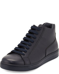 Prada Leather Zip Side High Top Sneaker Blue
