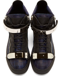 Giuseppe Zanotti Navy Croc Embossed Leather High Top Sneakers