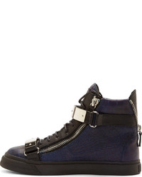 Giuseppe Zanotti Navy Croc Embossed Leather High Top Sneakers