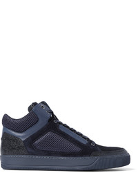 Lanvin Panelled Leather Suede And Mesh High Top Sneakers