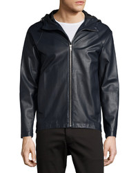 Theory Byrn L Erode Leather Hooded Jacket Navy