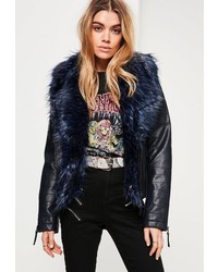 Missguided Navy Faux Fur Collar Faux Leather Jacket