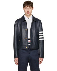 Thom Browne Navy Leather Harrington Jacket