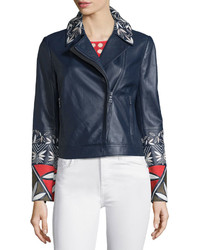 Tory Burch Pottery Embroidered Leather Moto Jacket Tory Navy