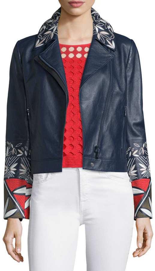 Tory Burch Pottery Embroidered Leather Moto Jacket Tory Navy, $1,195 |  Neiman Marcus | Lookastic