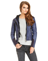 Doma Simone Leather Hoodie Jacket In Navy S