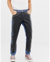 ASOS DESIGN Slim Jeans With Leather Look Overlay In Mid Wash Blue