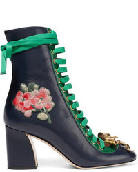 Gucci Embroidered Leather Lace Up Ankle Boots Navy