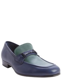 Salvatore Ferragamo Blue And Green Leather Horsebit Slip On Loafers