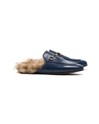 Gucci Blue Princetown Shearling Lined Leather Backless Loafers