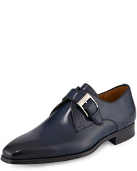 Magnanni For Neiman Marcus Buckle Strap Leather Loafer Navy Blue