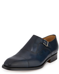 Magnanni For Neiman Marcus Monk Strap Leather Cap Toe Loafer Blue