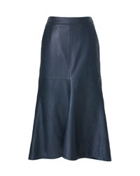 Navy Leather Midi Skirt