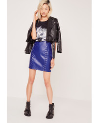 Missguided Whipstitch Front Faux Leather Mini Skirt Cobalt Blue