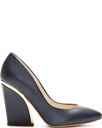 Chloé Deep Navy Leather Gold Trimmed Heels