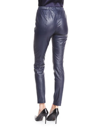 St. John Collection Stretch Napa Leather Cropped Leggings Bright Navy