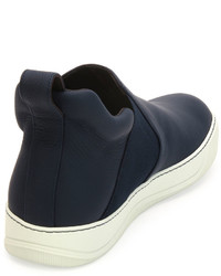 Lanvin Leather Mid Top Slip On Sneaker Navy