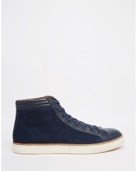 Asos Brand Mid Top Sneakers In Navy Leather
