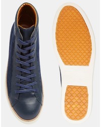 Asos Brand Mid Top Sneakers In Navy Leather