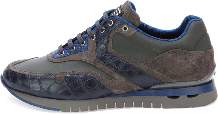 Stefano Ricci - Blue leather sneakers with crocodile skin and logo  UV23G5169CSSDPW - buy with Denmark delivery at Symbol