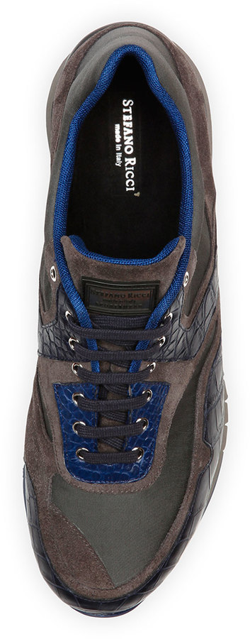Stefano Ricci - Blue leather sneakers with crocodile skin and logo  UV23G5169CSSDPW - buy with Denmark delivery at Symbol