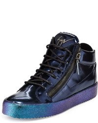 Giuseppe Zanotti Mid Top Leather Sneaker With Ombre Sole Blue