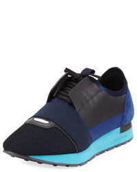 Balenciaga Race Mesh Leather Trainer Sneaker Dark Blue
