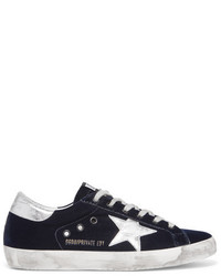 Golden Goose Deluxe Brand Super Star Distressed Leather Paneled Velvet Sneakers Midnight Blue