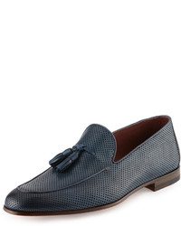 Magnanni For Neiman Marcus Perforated Leather Tassel Loafer Blue