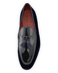 Magnanni For Neiman Marcus Velvet Patent Leather Tassel Loafer Navy