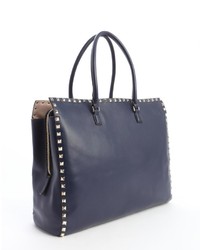 Valentino Navy Leather Rockstud Studded Detail Top Handle Tote