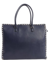 Valentino Navy Leather Rockstud Studded Detail Top Handle Tote