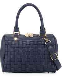 Neiman Marcus Woven Faux Leather Duffle Bag Navy