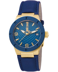 Just Cavalli 34mm Rock Watch W Leather Strap Yellow Goldenblue