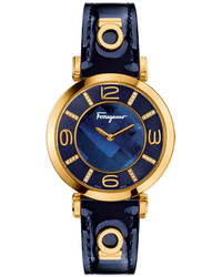 Salvatore Ferragamo 39mm Gancio Deco Diamond Watch W Blue Leather Strap