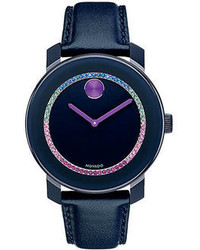 Movado Bold Round Navy Watch With Multi Color Crystal Ring