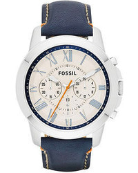 Fossil Chronograph Grant Navy Leather Strap Watch 44mm Fs4925