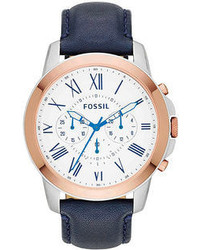 Fossil Chronograph Grant Navy Leather Strap Watch 44mm Fs4930