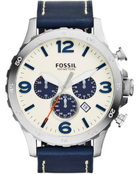 Fossil Chronograph Nate Navy Leather Strap Watch 50mm Jr1480