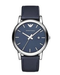 Emporio Armani Leather Strap Watch 41mm Navy