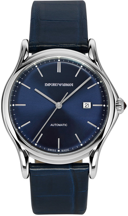 Emporio Armani Swiss Automatic Blue Leather Strap Watch 42mm