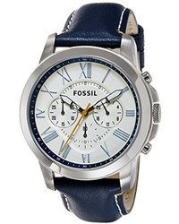 Fossil Fs4925 Grant Chronograph Stainless Steel Watch With Dark Blue Leather Band