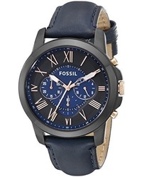Fossil Fs5061 Grant Black Stainless Steel Watch With Blue Leather Band