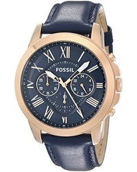 Fossil Fs4835 Grant Chronograph Leather Watch Rose Gold Tone And Blue