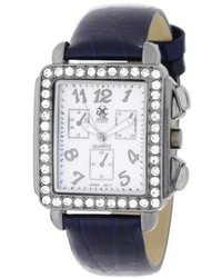 Golden Classic 5165 Gunblue Silhouette Rectangle Rhinestone Accented Navy Blue Genuine Leather Watch